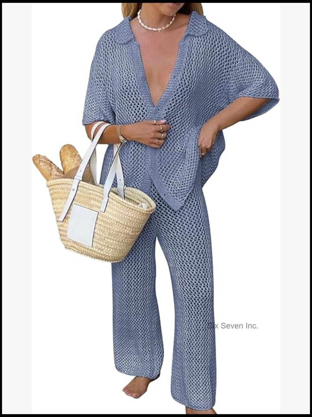 Sexy Hollow Out Swim Cover Up Set with Button Top and Drawstring Pants 2 Piece